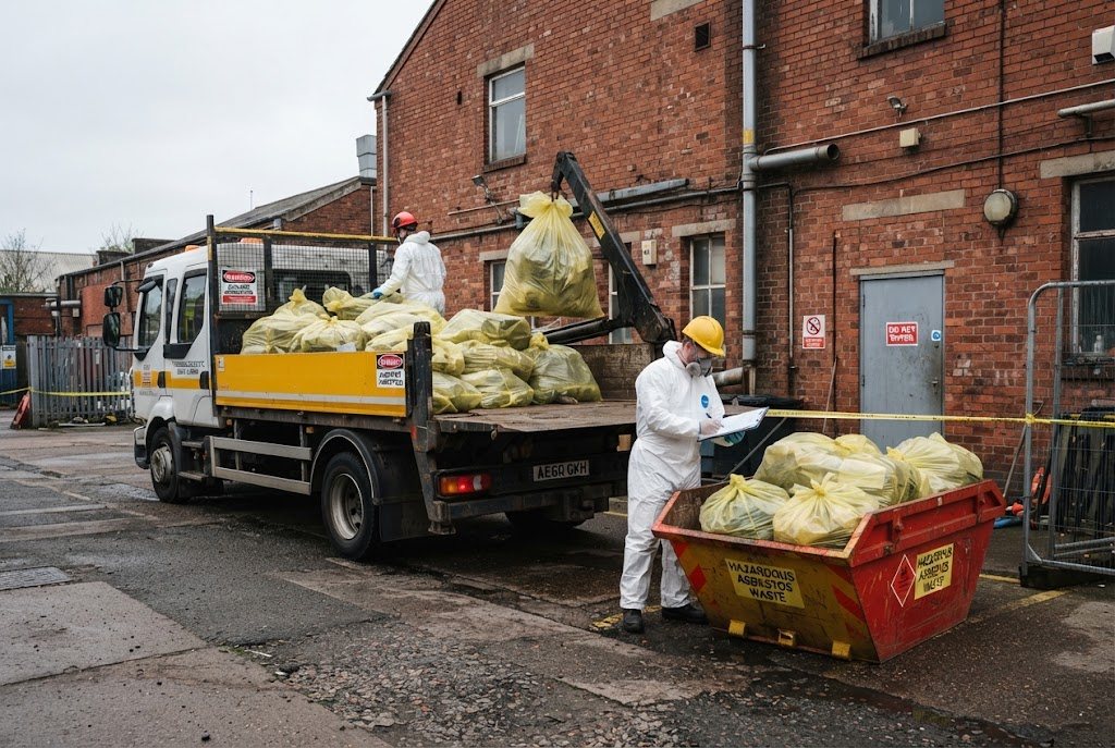Double-wrapped asbestos waste bags being loaded onto a lorry beside a hazardous waste skip